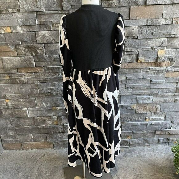 SHEIN‎ Woman’s Dress MIDI Puff Sleeves Black Ivory Beige XL Flowy Stretch Trendy - Picture 3 of 7